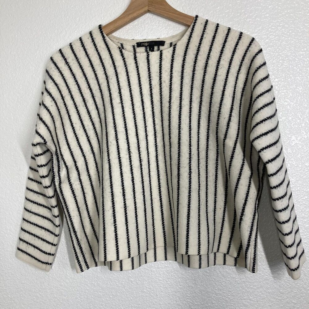 Maje Sweater Womens Small White Black Striped Merino Wool Pullover minimalist